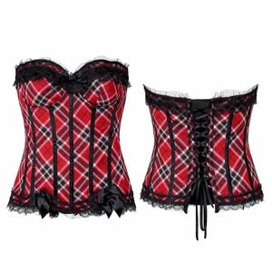 Hips & Curves Red Plaid Lace Up Corset Black Lace Trim Bows Size 2X Steampunk